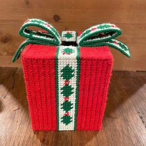 Vintage Needlepoint Christmas Gift Tissue Box Cover Holly Bow Hand Stitched